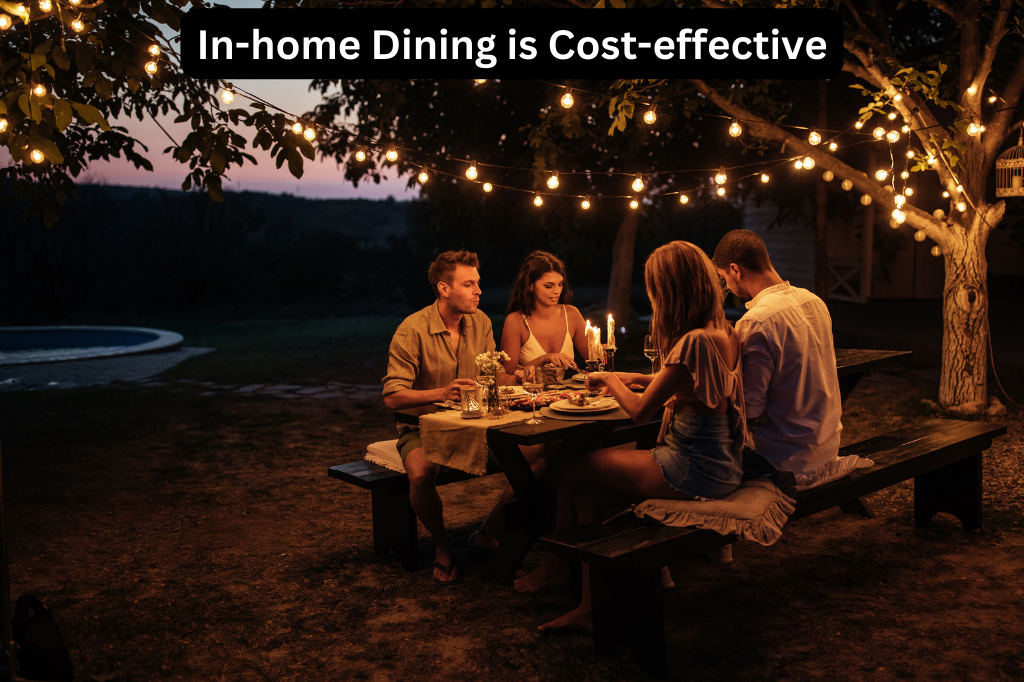 A Family dining outside of their house. The tree is decorated with lights, and the environment is comfy. No expensive decoration and venue needed.