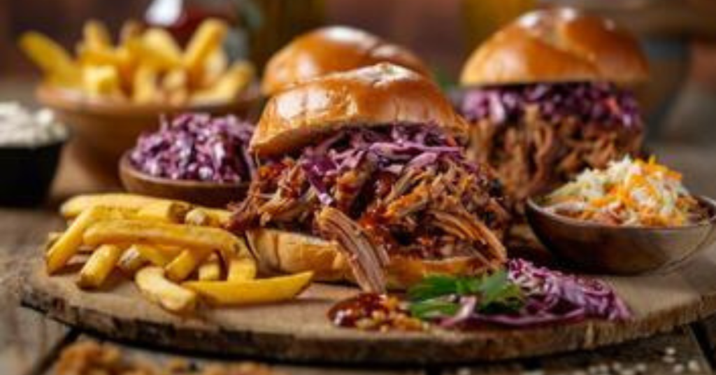 Delicious pulled-pork sandwich with coleslaw and fries on a rustic wooden table