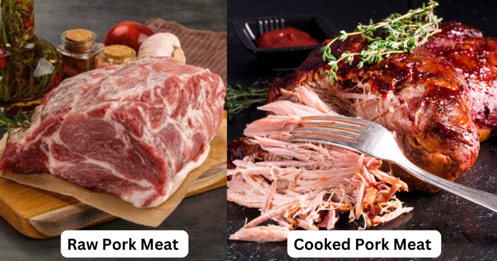 Left side: Raw Pork Meat on a cutting board. Right Side: Cooked Pulled Pork on the table