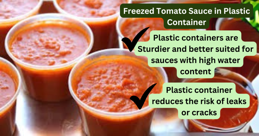 Plastic containers filled with frozen tomato sauce