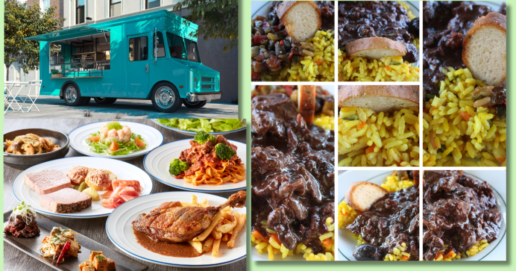 Three different types of wedding menu: On the left upper side is a food truck, onthe  bottom side is a platted dinner, and on the right side is a multi-course meal