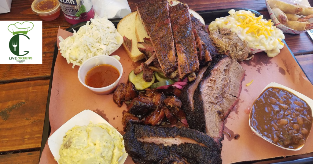 BBQ platter with smoked brisket, ribs, pulled pork, and classic sides