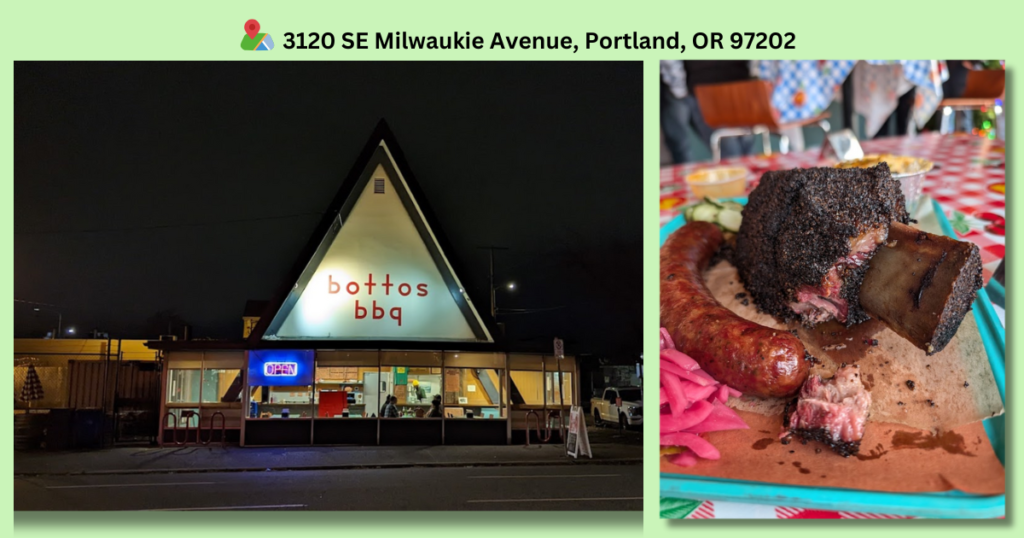 Botto’s BBQ restaurant exterior and smoked beef rib platter