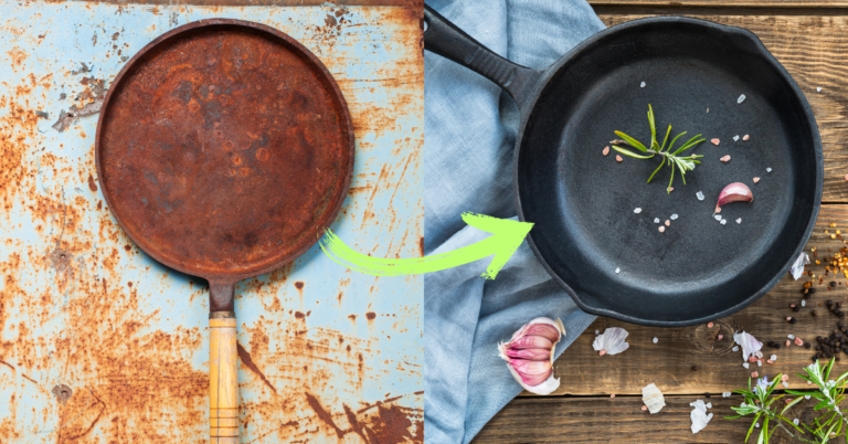 Rusty Cast Iron pan on the left. Clean cast iron pan on the right